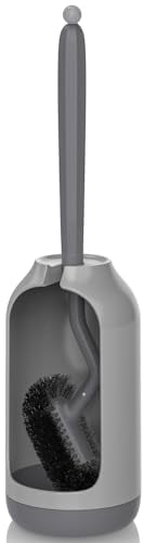 Toilet Bowl Brush Holder Set: Bathroom Deep Cleaning Toilet Cleaner Scrubber Under Rim with Curved Bristle for Dead Corner Clean - Hidden Modern Rv Toilet Decorative Accessories with Caddy - Grey