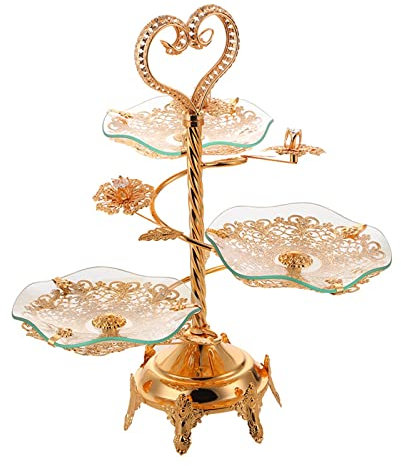 AVLUZ Luxury Vintage Fruit Plate, 3-Tier Gold Trim Glass Alloy Dim Sum Serving Tray,Compote and Berry Storage Holder Display Stand, Snacks Dried Fruit Bowl