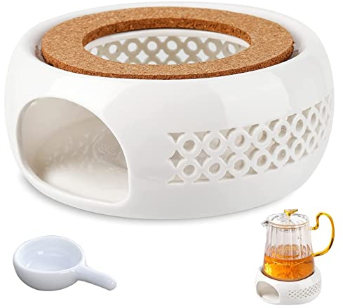 KOIROI Ceramic Teapot Warmer, White with Cork Top, Breathable Hollow Design, Suitable for Most Teapots