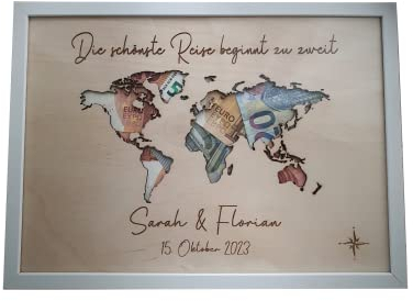 Hochzeitsgeschenk personalisiert | Urlaubsgeschenk | Geldgeschenk Hochzeit | Weltkarte personalisiert | Geschenk Hochzeit | personalisiertes Hochzeitsgeschenk | Geschenk Flitterwochen (Größe 30x20 cm)