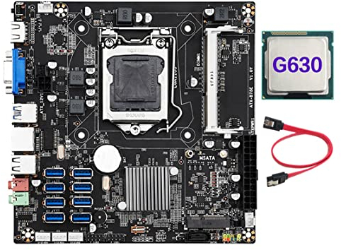 Daweglop Placa base B75E 8 tarjetas BTC Mining + Procesador G630 + Cable SATA B75 LGA1155 DDR3 RAM MSATA ETH soporta 8 puertos USB3.0