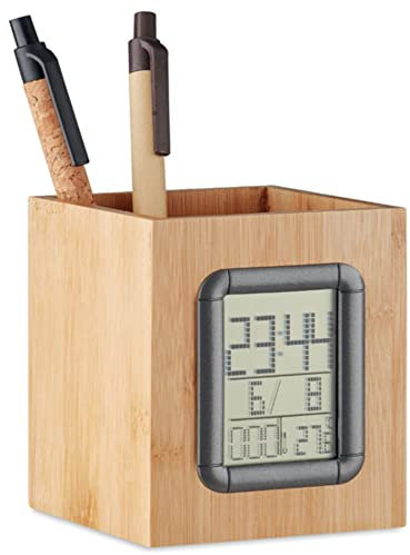 noTrash2003 Stiftköcher Stiftehalter Schreibtischorganizer nachhaltiger Bambus mit Uhr Kalender Alarm Thermometer
