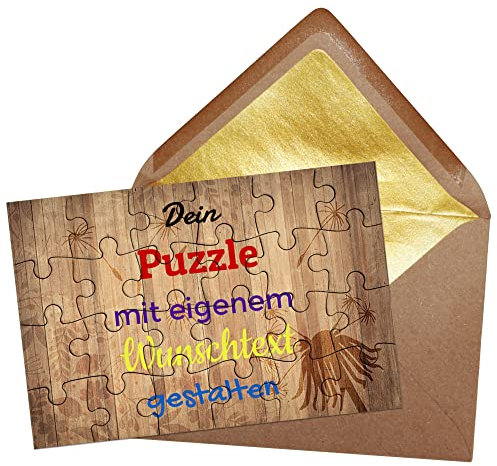 PR Print Royal Puzzle selbst gestalten mit Text - 24 Teile Puzzle Personalisieren mit Wunschtext, inkl. Briefumschlag mit Gold-Inlay | Hintergrund Holz mit Pusteblume
