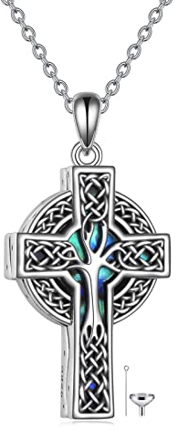 YFN Celtic Cross Urn Necklace Sterling Silver Celtic Tree of Life Ashes Pendant Abalone Shell Cross Cremation Jewellery Gifts for Women Men