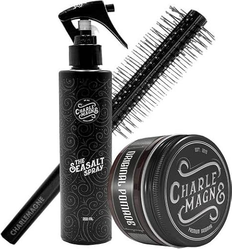 Charlemagne Haarwachs-Set - 3-teilig | Original Pomade, Salzspray für Haare & Rundbürste - Mattes Finish - Haarstyling & Pflege für Männer