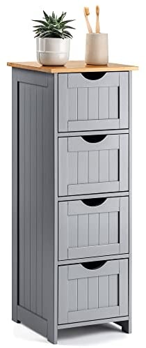 CHRISTOW Grey Bathroom Drawers, Wooden 4 Drawer Storage Unit, Free Standing Floor Cabinet, Shaker Style with Natural Bamboo Top (82cm x 30cm x 30cm)