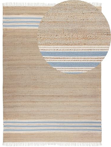 Beliani Teppich Jute natürlich beige 160 x 230 cm Fransen Streifen blau handgewebt Mirza