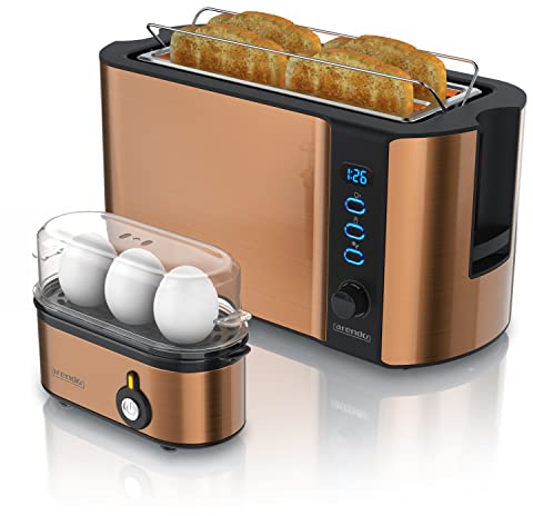 Arendo - Set Toaster FRUKOST mit Eierkocher THREECOOK Edelstahl Kupfer, Toaster 4 Scheiben, LED-Display, 6 Bräunungsgrade, Brötchenhalter - Eierkocher 1-3 Eier, Messbecher