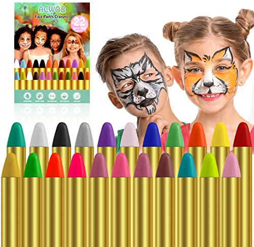 ACWOO Pintura de Cara, 22 Colores Seguridad No Tóxica Pintura Facial, Crayones de Maquillaje Ideal para Halloween Navidad Cosplay Fiesta y Party