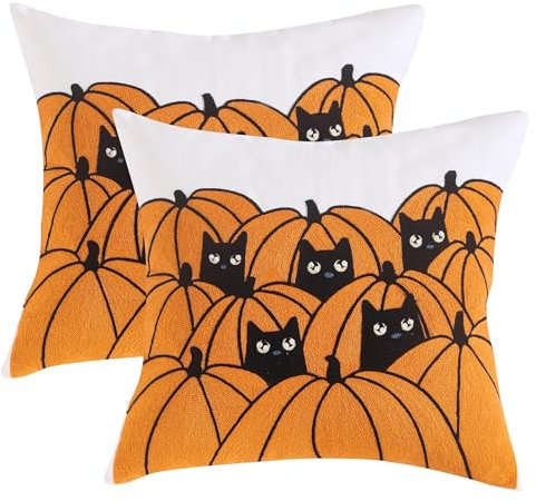 Tosleo 2 Stück Halloween Kissenbezug 45 x 45 cm Stickerei Tufting Kürbis und Katze Halloween Dekoration Sofakissen für Wohnzimmer Sofa Garten Schlafzimmer Outdoor Zierkissen Couchkissen