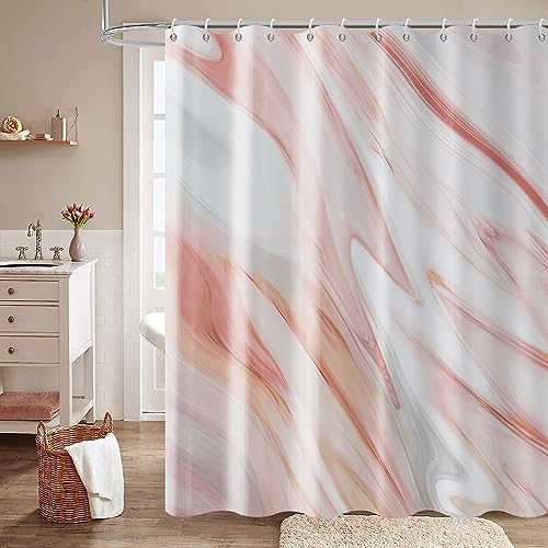 GCIREC Rosa Marmor Duschvorhang, Pfirsichrosa Moderne Abstrakte Welle Luxus Badezimmer Vorhang Badewanne Wohnkultur Wasserdichter Stoff Maschinenwaschbar mit 12 PCS Haken,180x200cm