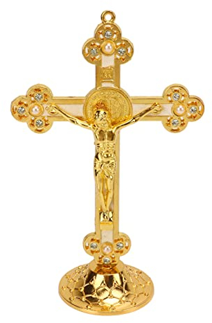 Tissting Kruzifix Stehendes Wand Deko Kreuz 15cm Gold Vintage Gravur Metall Katholisches Jesus Kreuz Tischdekoration Religiöse Geschenke Standkreuz Crucifix Wanddeko