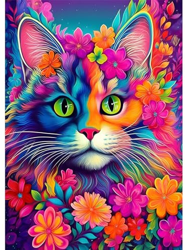 DAERLE Chat coloré Peinture Diamant, 5D Diamond Painting Complet Chat, Diamant Strass Point de Croix Cristal Painting Diamant Kit Enfants Animal Painting pour Murale Décoration 30x40cm