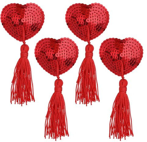WLLHYF Lot de 2 paires de cache-tétons autocollants en silicone pour femme en forme de cœur avec pompon à paillettes réutilisables Rouge, rouge, taille unique