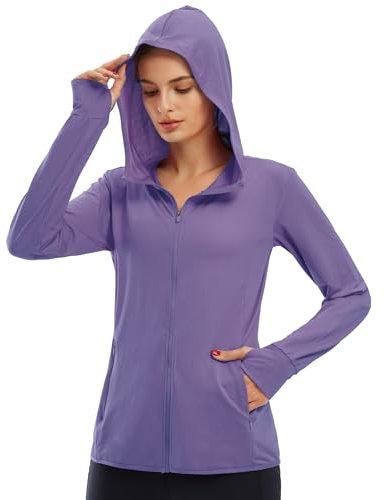 Libin Giacca da donna con cappuccio con cerniera integrale UPF 50+, protezione solare, a maniche lunghe, per escursioni, attività all'aperto, con tasche, 01-viola chiaro, XS