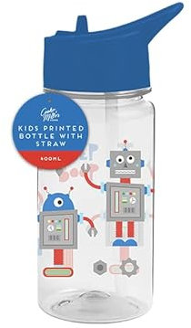 PRISTINE ENTERPRISE KIDS WATER BOTTLE WITH STRAW-FLIP NOZZLE-BPAFREE-CARRY HANDLE-SCREW ON LID- 400 ML-RAINBOW-UNICORN-SPACE-DINOSAURS ASSORTED DESIGNS (ROBOT)