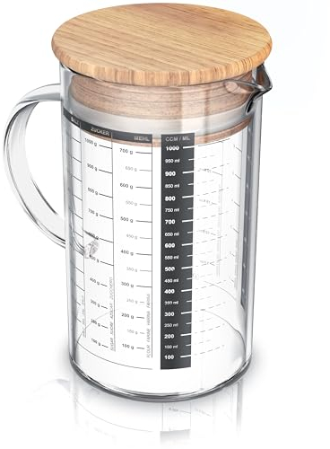 Arendo Caraffa graduata in vetro 1000ml 1L, Bicchiere graduata in vetro, Brocca graduata trasparente da cucina, Caraffa in vetro borosilicato, Guarnizione in silicone, Caraffa graduata da cucina
