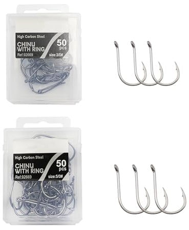 FONGKNOX 100 Pcs Chinu Fishing Hook set of #5/0 & #3/0 50pcs per Size Eyed Fishing Hook High Carton Steel Durable Sharpness Barbed 5H Hardness Strengthed Bend Freshwater Saltwater Sea Fishing Trackle