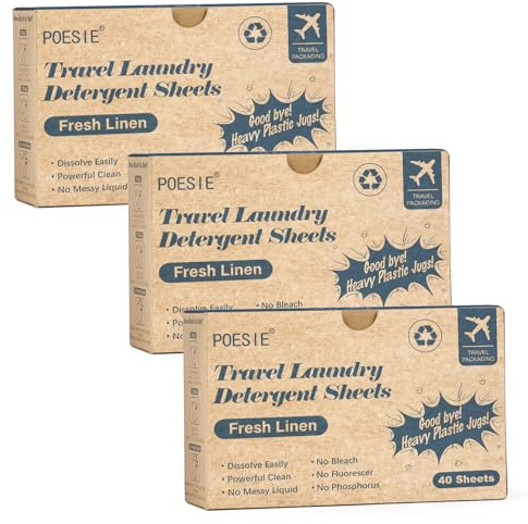 Poesie Lot de 3 paquets de 40 feuilles de détergent à lessive de voyage sans liquide - Parfum lin frais - 120 feuilles