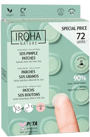 Iroha Nature - Parches SOS Granos | Ácido Salicílico, Árbol de Té y Centella Asiática| Elimina granos de forma rápida y eficaz | Tecnología Hidrocoloide | Pack 72 uds