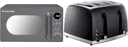 Russell Hobbs RHM2044G Retro 20 Litre Grey Digital Microwave, 800W, Mirror Finish & Honeycomb 4 Slice Toaster (Independent & Extra wide slots with high lift