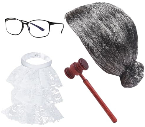 Nereds 4pcs Judge Costume Accessories Set Gray Wig Plastic Frame Glasses Gavel Hammer False Collar Halloween Lawyer Costume for Halloween Cosplay Party Favor