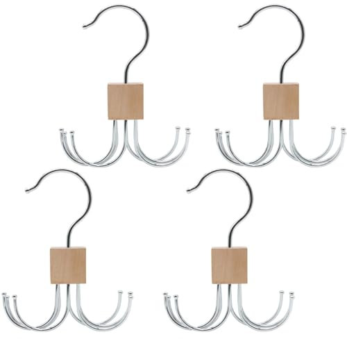 LMSAWK 4 Piezas Rotación de 360 Grados Perchero para Cinturones, Percha de Madera para Cinturón, Corbatero Ganchos, para Calcetines, Guantes, 6 Ganchos, Color Madera