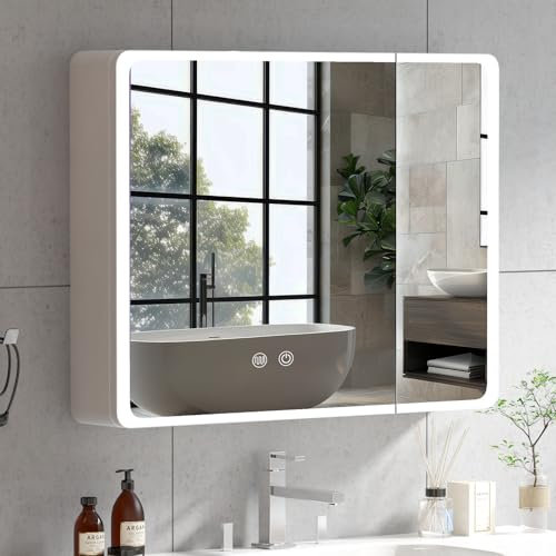 Bathroom Mirror Cabinets, Dimmable Mirror Cabinet with LED Lights, Bathroom Cabinets with Anti Fog Memory Function, Double Door Wall Mounted Storage Cupboard, Cabinet with Shelf, White