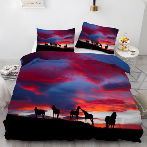LLSZAHD BettwäSche 135x200 Mustang Mikrofaser Bettbezug 135 x 200 Set mit 80x80 cm Kissenbezug, BettwäSche-Sets Sonnenuntergang Bügelfrei für Einzelbetten mit ReißVerschluss