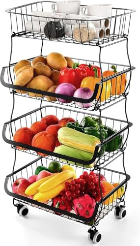 Fruit Vegetable Storage Basket Rack, Stackable Metal Wire Storage Baskets on Wheels, Fruit Vegetable Produce Basket Organizer Bins for Kitchen, Pantry, Bathroom (4 Tier)