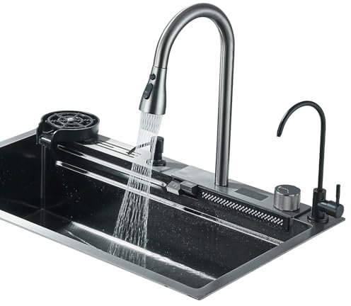 TVTIUO Fregadero de Cocina Multifuncional, Fregadero de Cocina de Acero Inoxidable con Grifos Extraíbles y Pantalla Digital, Gris Oscuro (75cmX45cm)