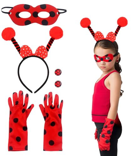 SGERUFZ Set Ladybug Kostüm Zubehör, Lady Bug Maske, Handschuhe, Haarbänder, Ohrring, Rollenspiel, Verkleidung, Mädchen, Halloween, Karneval, Neujahrsgeschenke für Kinder(Rot)