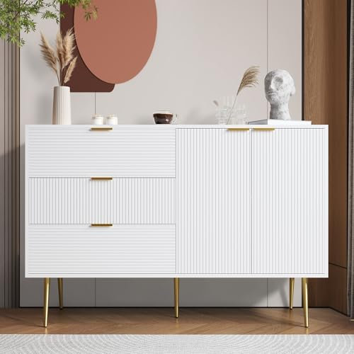 Wyibwy Modernes Sideboard mit 3 Schubladen und 2 Türen, Kommode mit Einlegeböden, Kommode mit Griffen und goldenen Beinen, Sideboard Wohnzimmer 120 x 38 x 80,5 cm, für Wohnzimmer, Esszimmer, weiß