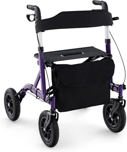 FANTASK Rollator mit Luftbereifung, faltbar und leicht mit Sitz, Aluminium, bis 160 kg, 2 in 1 Rollstuhl & Reiserollator (Lila)