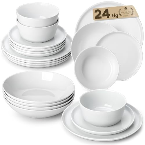 MALACASA, Geschirrset 6 Personen, 24-teilig Porzellan Tafelservice Geschirr set Weiß, Geschirr set aus 6x Dinnerteller, 6x Dessertteller, 6x Müslischalen, 6x Tiefe Teller, Serie LEXI