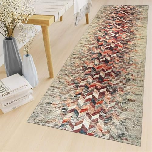 Flur Läufer Teppich Teppich Mehrfarbig Geometrie Waschbar rutschfeste Küchenhalle Lange Tür Matte Teppich, 90X400cm