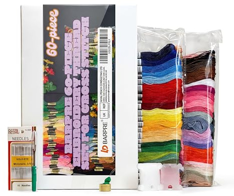 Barpre 60 Skeins Embroidery Thread Kit - 50 Colours (48 Rainbow + 12 Extra Black & White) - Soft Cross Stitch Floss for Friendship Bracelets - Includes 16 Needles, 10 Bobbins, Ripper & Thimble