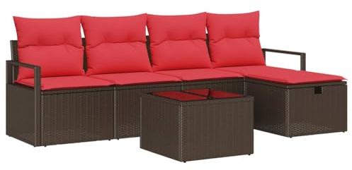 vidaXL Sofa Set mit Kissen 6 pcs Braun und Rot Poly-Rattan, Garten- und Terrassenmodul-Couch, leicht, UV-beständig, mit Stauraum, entspannendes Outdoor-Set