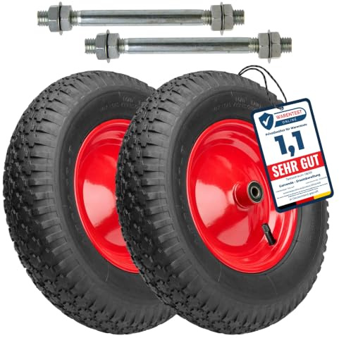Garronda 2er-Set 4.80/4.00-8 Schubkarrenrad Luftreifen Schwarz-Rot GD-0163 | 2PR, bis 210 kg belastbar, mit Achse, Stahlfelge und Kugellager, als Ersatzrad für Schubkarre, Bollerwagen und Gartenwagen