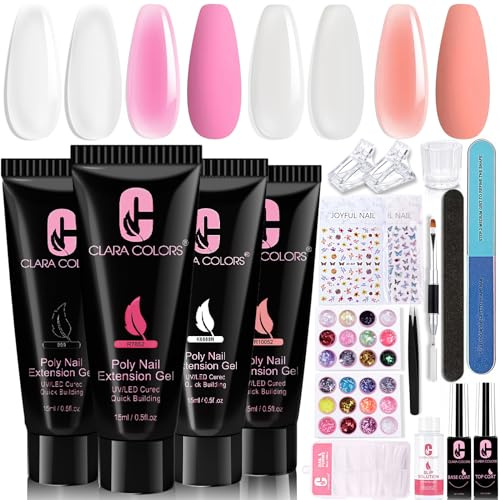 Clara Colors Poly Gel Nail Kit, 4 Colors Clear White Jelly Nude Pink Builder Poly Extension Gel Nail Kit with Slip Solution Base Top Coat Gel and Nail Art Tools Polygel Nail Starter Kit