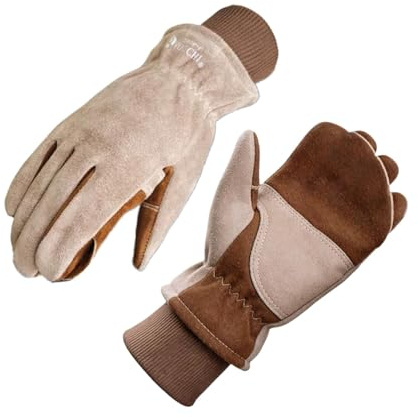 AOUCHI Double-Layered Thick Gloves for Gardening, Welding, Construction, Chainsaw, Farm, Angle Grinder, Ranch Leather Gloves. Cowhide, Cotton Lining, Comfortable, Flexible and Durable
