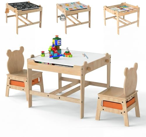 GOPLUS Kindertisch mit 2 Stühlen, 4 in 1 Tisch Stuhl Set mit beidseitige Whiteboard & Tafel, Kindersitzgruppe mit Stoffkörbe, Stauraum, Maltisch Holz, Aktivitätstisch für Lesen, Essen, Spielen (Panda)