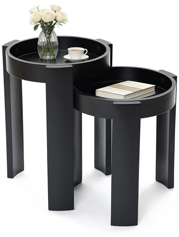 Hometopia 2er Set Beistelltische, rund in Schwarz mit Nesting-Design | Satztische aus Holz, Nesting-Design, platzsparend, als Couchtisch & Nachttisch, für Wohnzimmer, Schlafzimmer & Büro, stabil