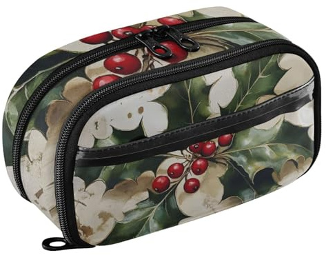RPLIFE Christmas Holly Pencil Case, Pencil Bag with Clear PVC Pocket, Pencil Pouch Back to School