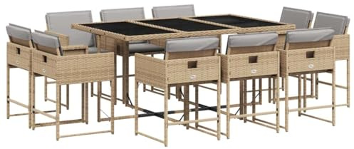 Foknhdi 11tlg. Poly-Rattan Gartenmöbel Set Beige Eckbank Gruppe 165x106 cm klappbare Stühle mit hellgrauen Kissen UV-beständig für große Terrasse Kleiner