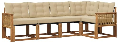 vidaXL Outdoor-Sofagarnitur mit Kissen 5 pcs Natur und Beige, Moderne Garten-Sofaset, wetterfestes Möbel, Bequeme Liege, stilvolles Outdoor-Sitzen für Entspannung