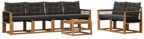 vidaXL Outdoor-Sofagarnitur mit Kissen 7 pcs Natürlich und Schwarz, Gartenmöbel, modernes Outdoor-Sofa, Robustes Terrassenset, Bequeme Sitzgelegenheit für deinen Außenbereich