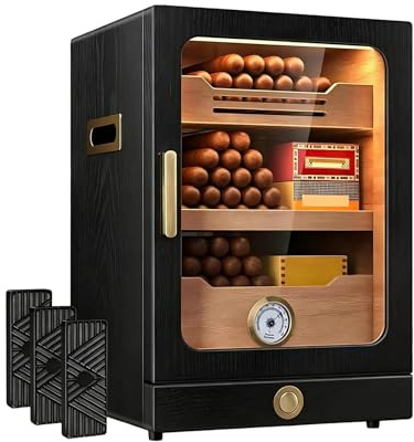 Acentesoft Zigarren Humidor mit LED Beleuchtung, Zigarrenschrank aus Spanischem Zedernholz für 100-150 Zigarren, Tischhumidor mit Zubehörschublade & Hygrometer, Schwarz