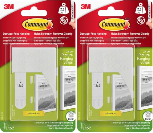 Command Picture & Frame Hanging Strips Value Pack, Large, White - 12 Pairs (24 Strips) - Damage Free Hanging - for Pictures, Frames, Mirrors, Wall décor and Signs (Pack of 2)