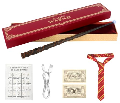 Hojalis Baguette Harry Lumineuse, 38cm Baguette Magique Hermione Granger, Boîte Cadeau avec Carte De Sort Et Ticket De Station, Recharge USB, Baguette Magique Harry en Résine